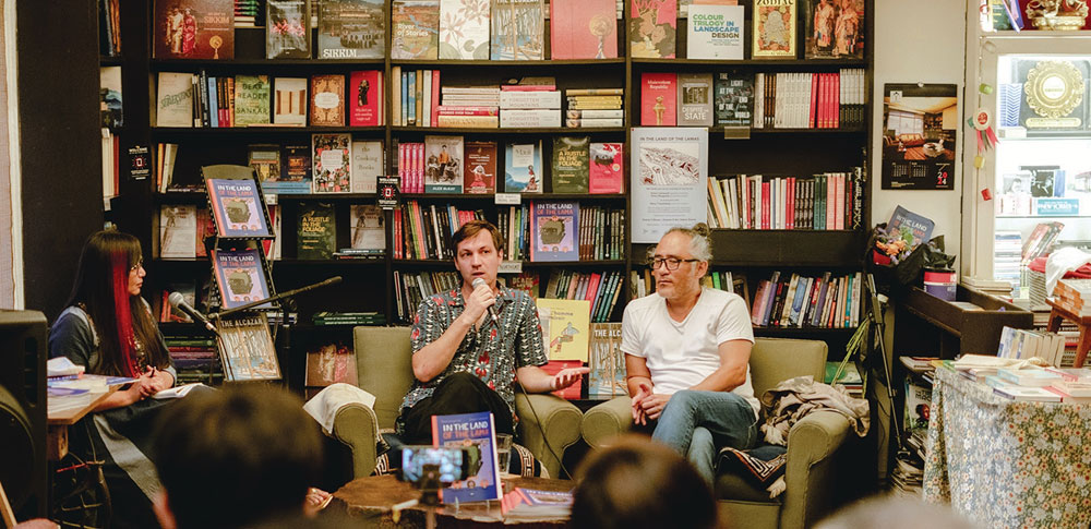 Simon Lamouret and Pema Wangchuk at an event in Rachna Books